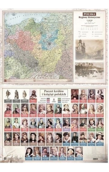 Mapa Polski A2 regiony historyczne/poczet królów i książąt dwustronna ścienna -
